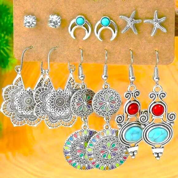 6pr Turquoise Chakra Earrings Dangle Gypsy Boho Hippie Native Starfish Moon - Picture 1 of 2